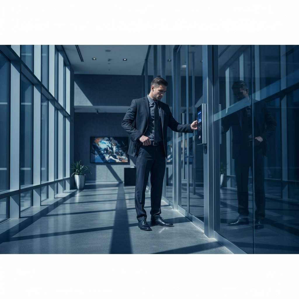 Professional security specialist conducting commercial property audit with checklist and inspection equipment